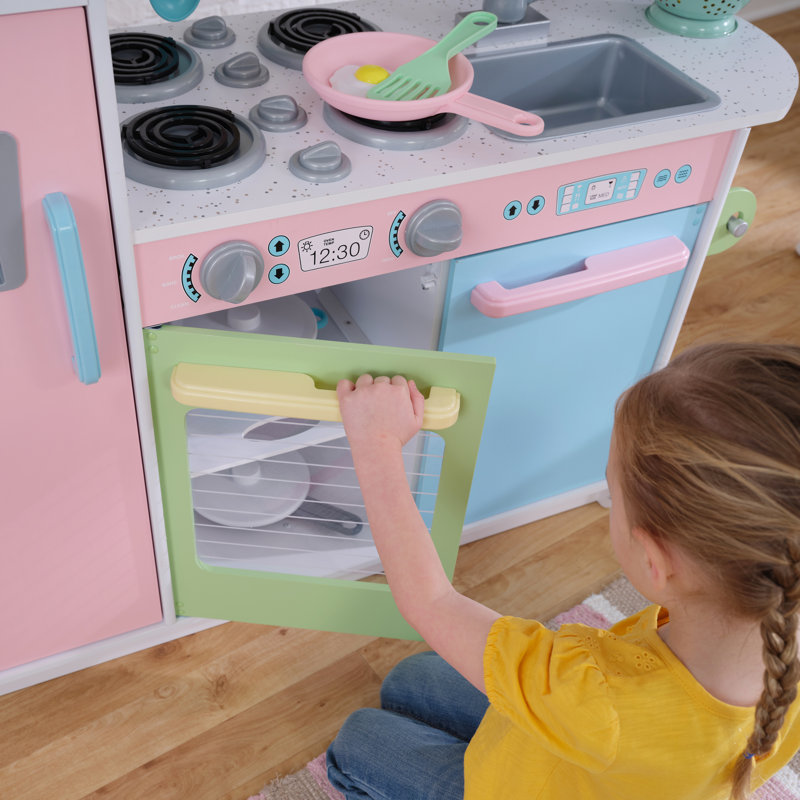 Uptown Pastel Wooden Play Kitchen with Chalkboard Play Phone and See Through Doors